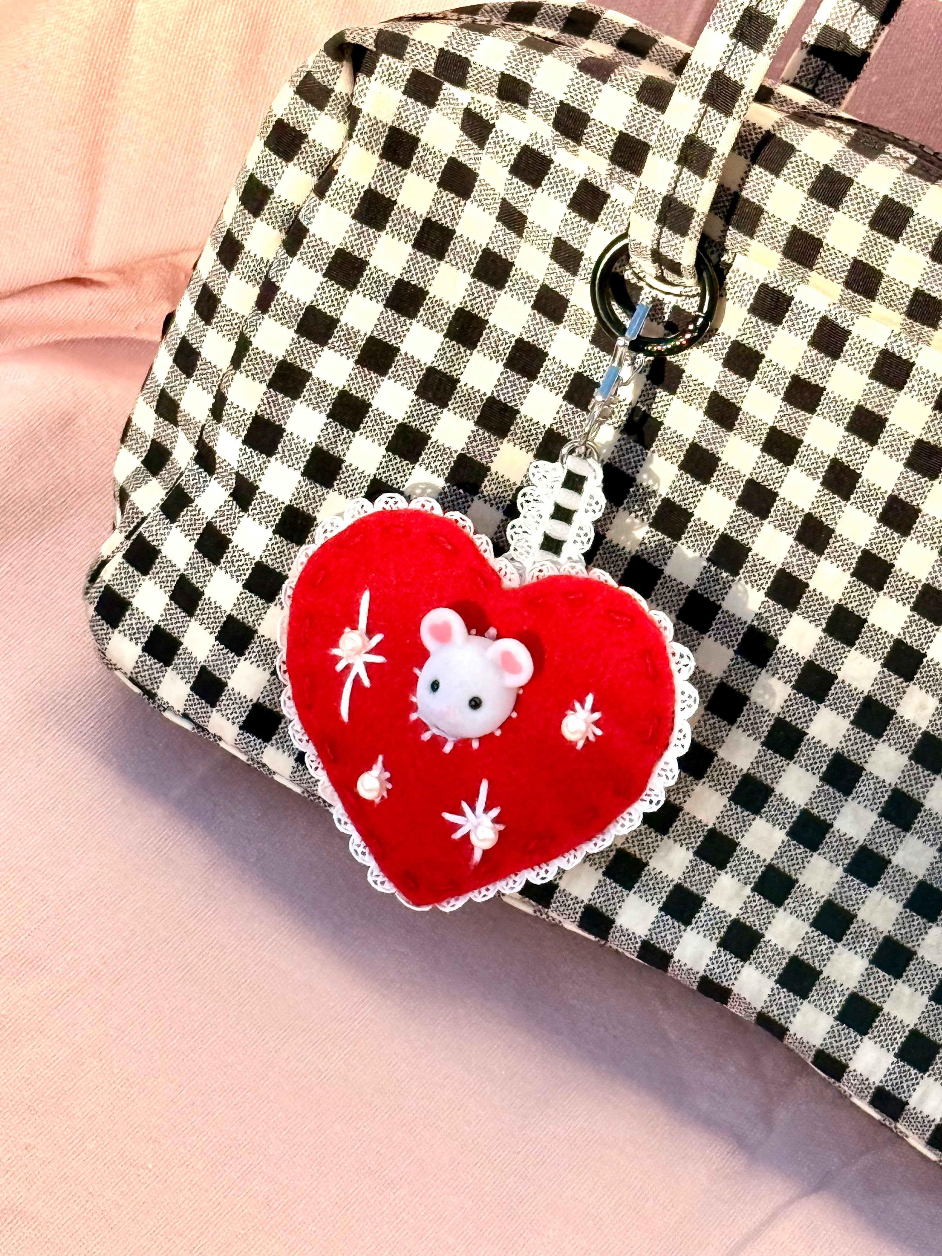 Red Felt Heart Bag Charm with Surprise Calico Critter