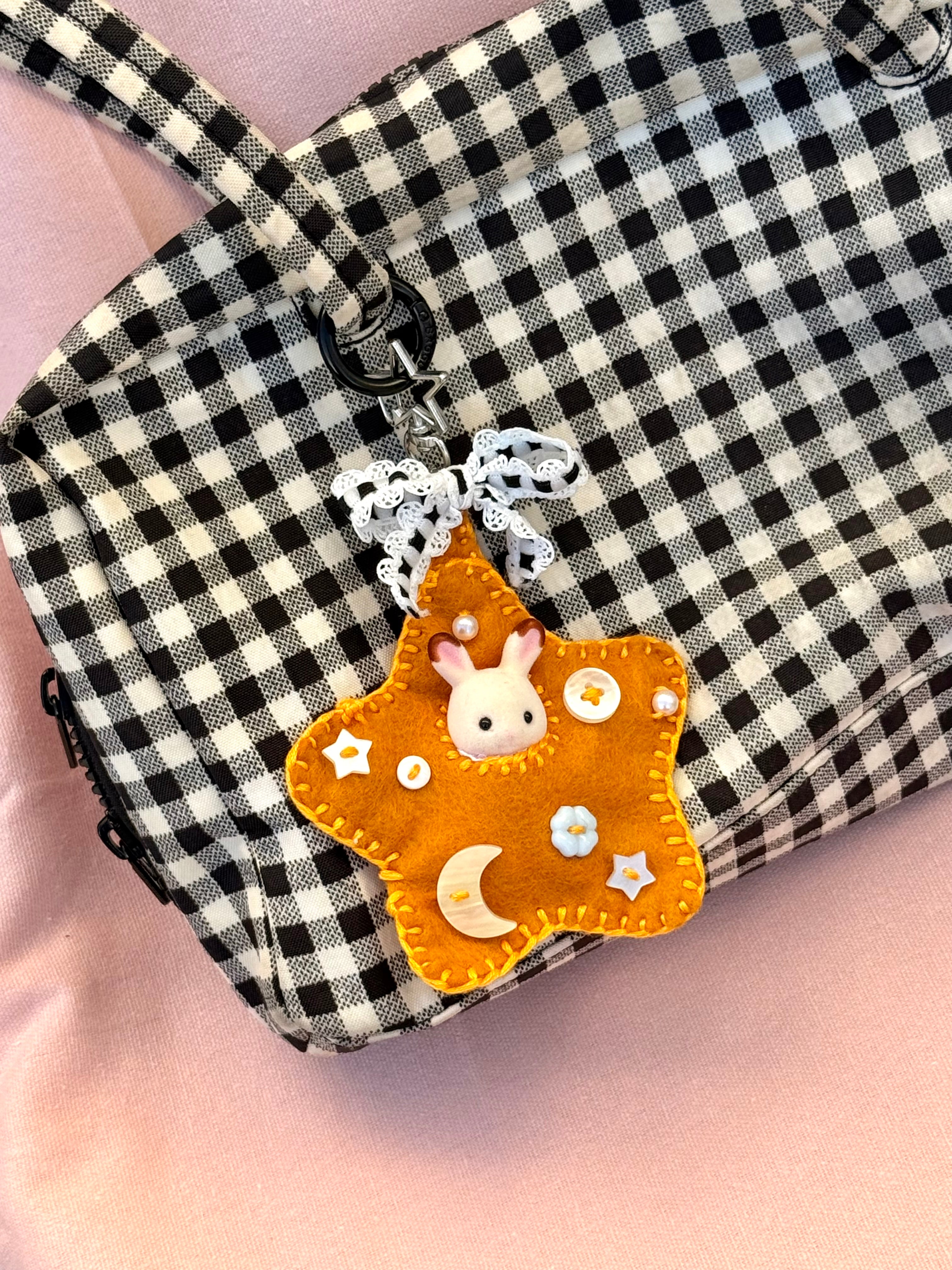 Mustard Yellow Star Felt Bag Charm with Surprise Calico Critter