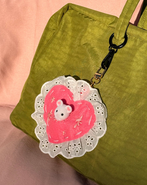 Pink Felt Heart Bag Charm with Surprise Calico Critter