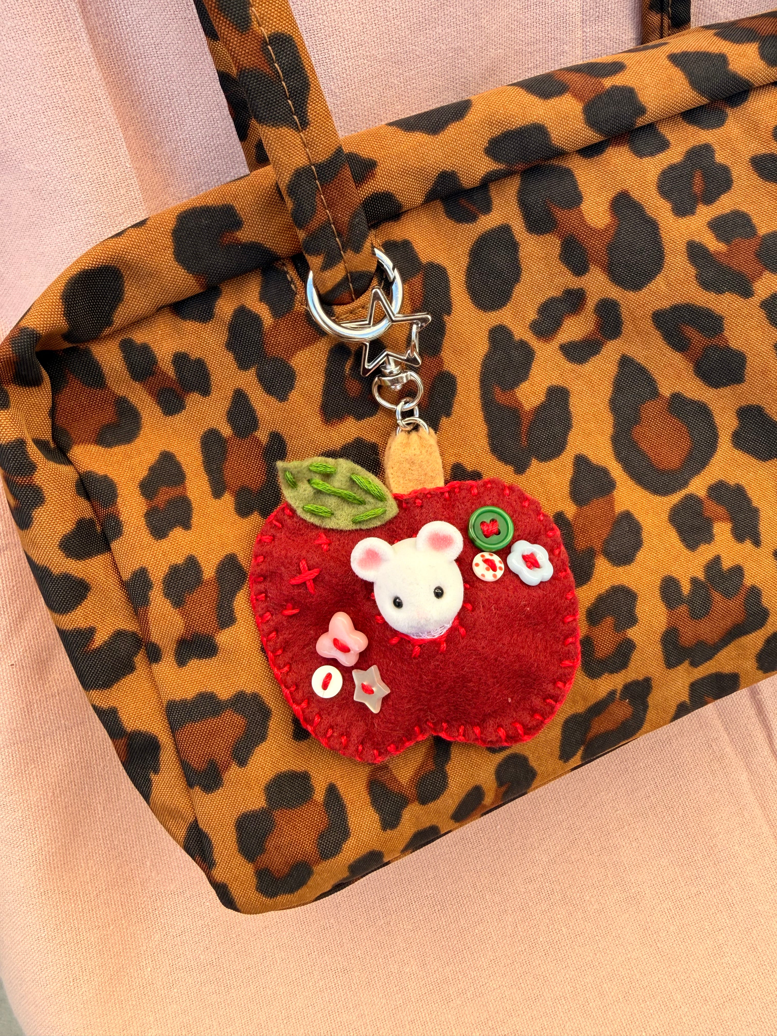 Red Felt Apple Bag Charm with Surprise Calico Critter