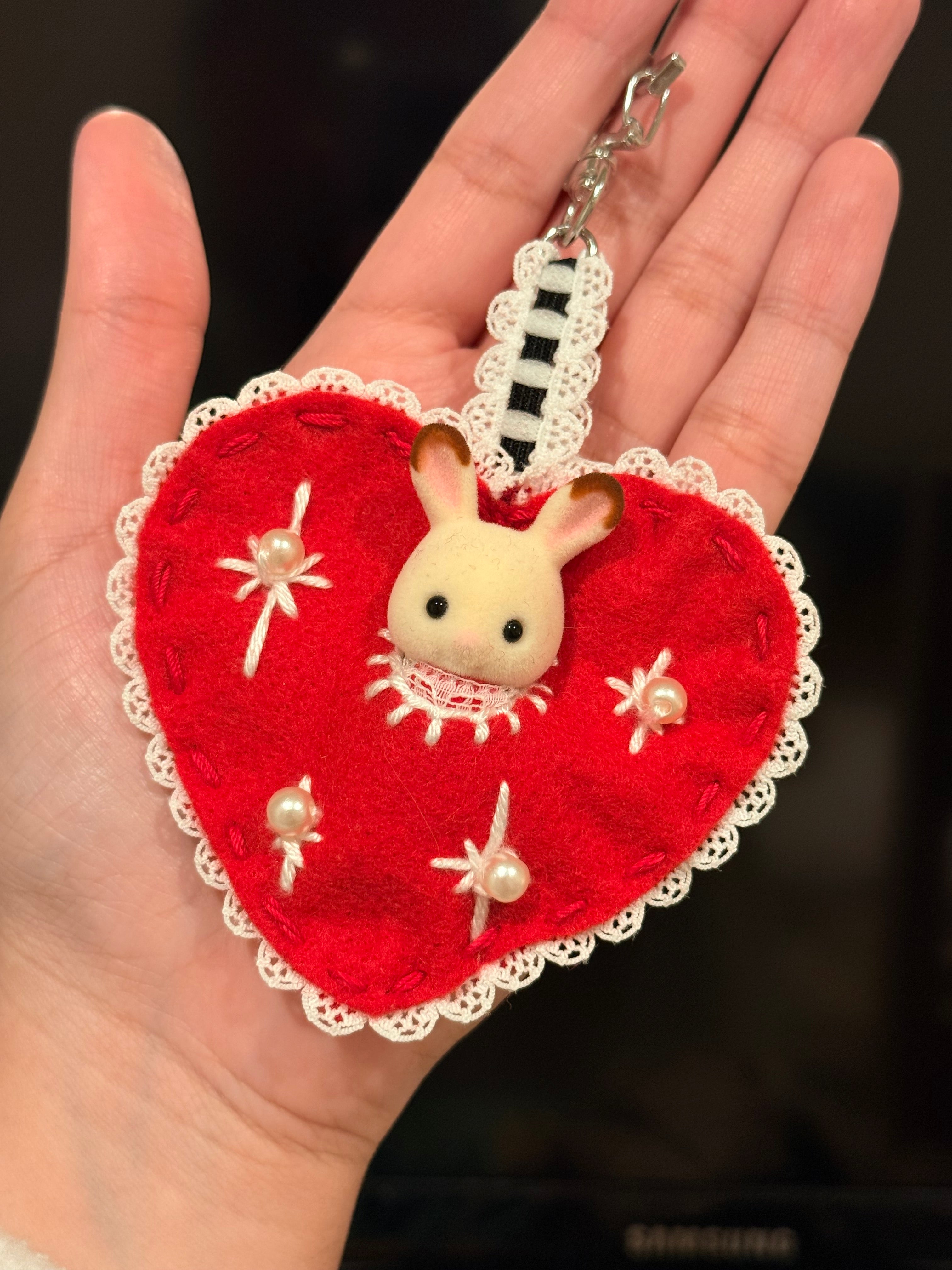 Red Felt Heart Bag Charm with Surprise Calico Critter