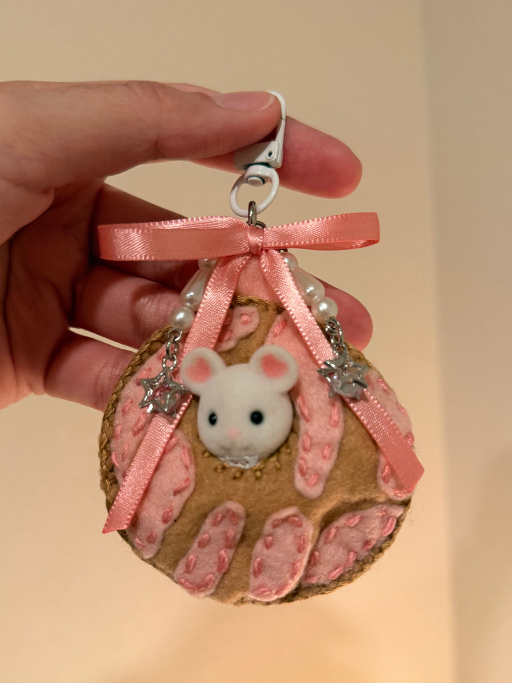 Pink Felt Concha Bag Charm with Surprise Calico Critter