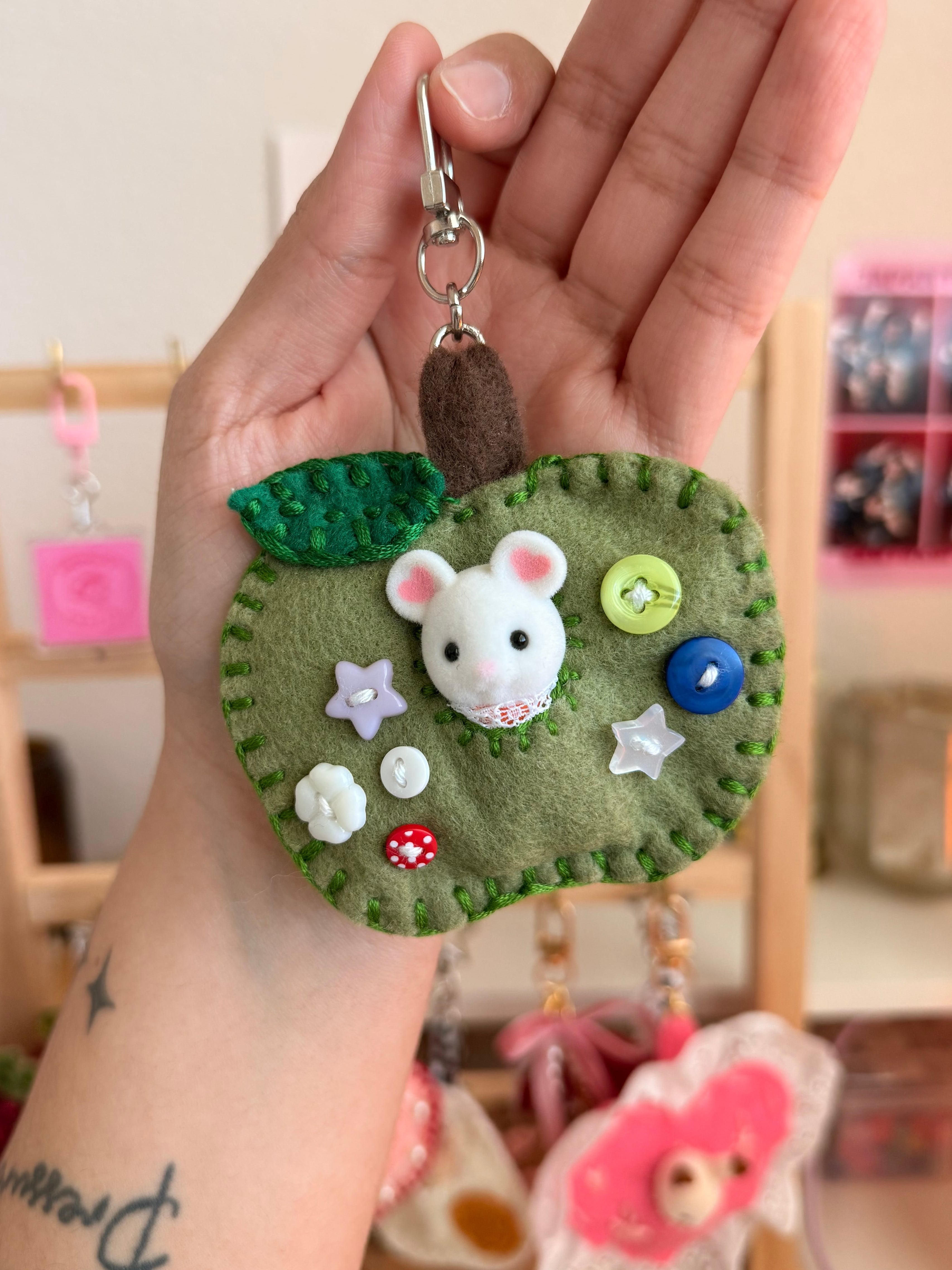 Green Apple Felt Bag Charm with Surprise Calico Critter