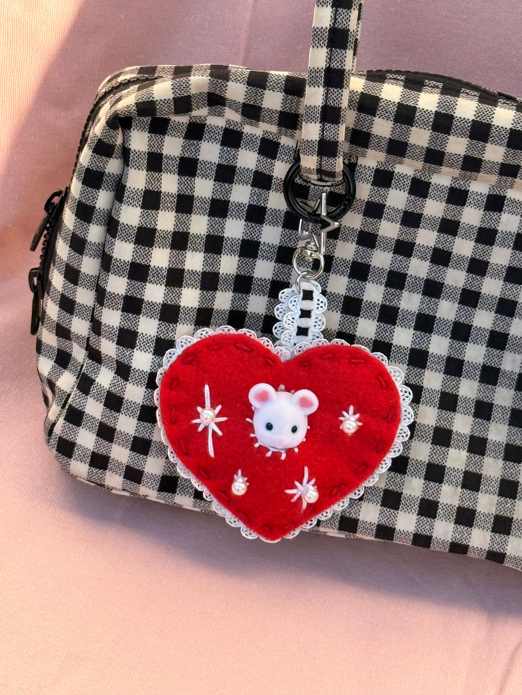 Red Felt Heart Bag Charm with Surprise Calico Critter