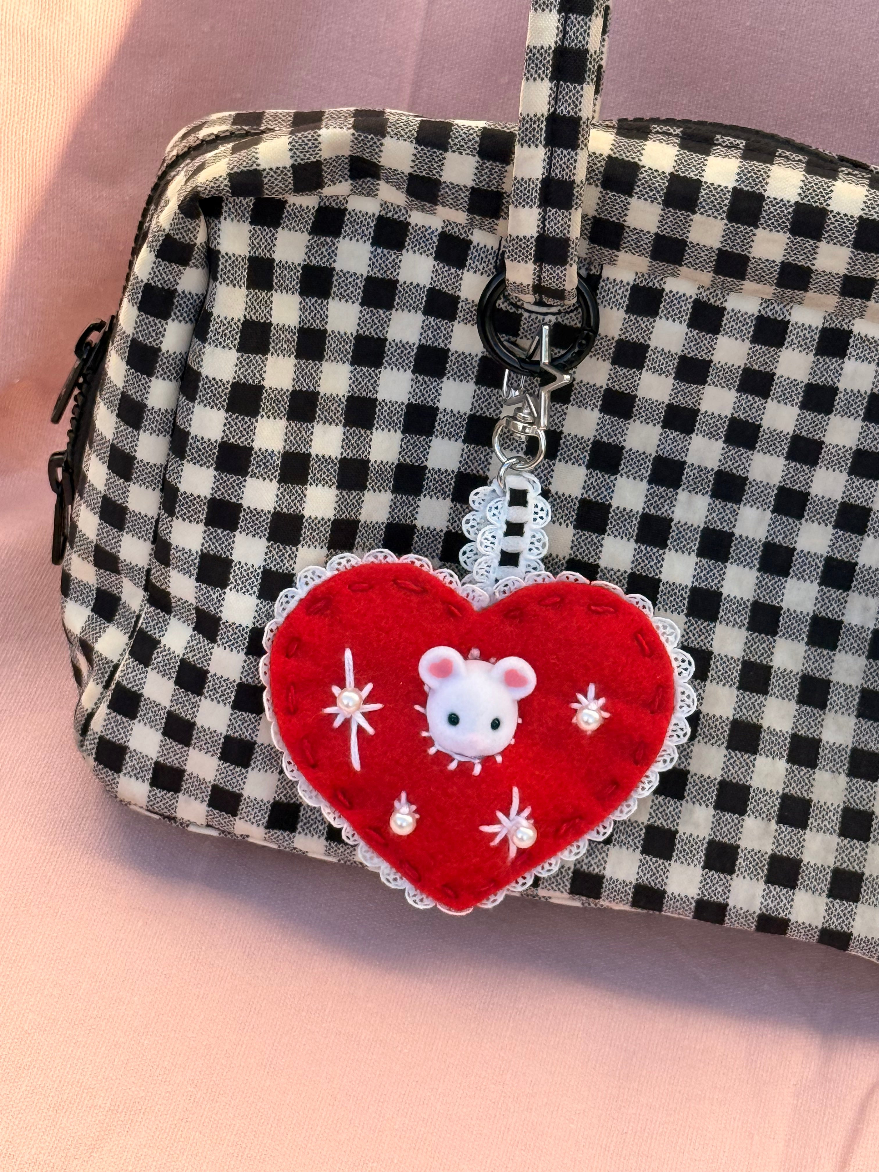 Red Felt Heart Bag Charm with Surprise Calico Critter