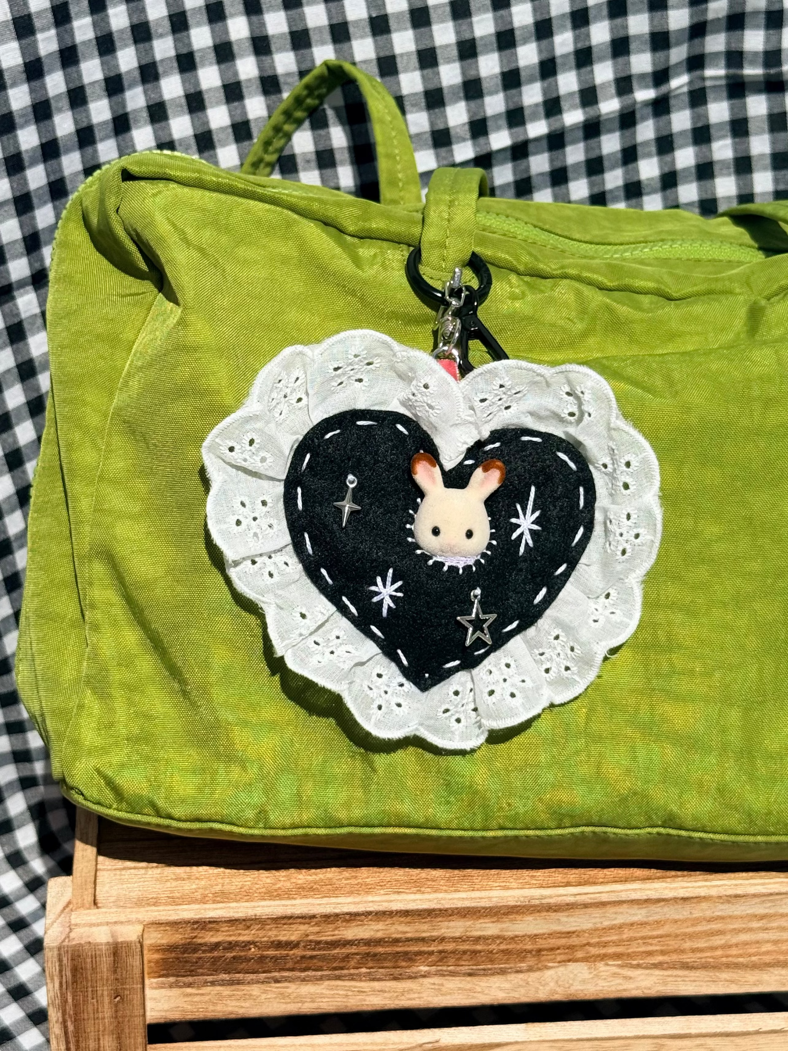 Black Felt Heart Eyelet Trim Lace Pouch with Surprise Figure